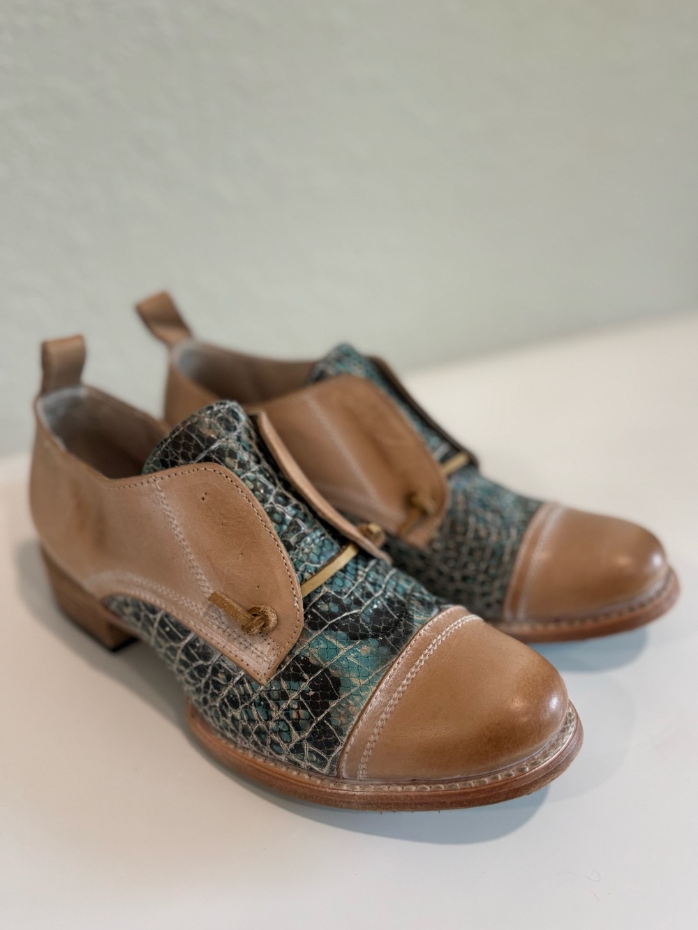 Freebird by Steven Tan Leather & Teal Snakeskin Oxford Shoes